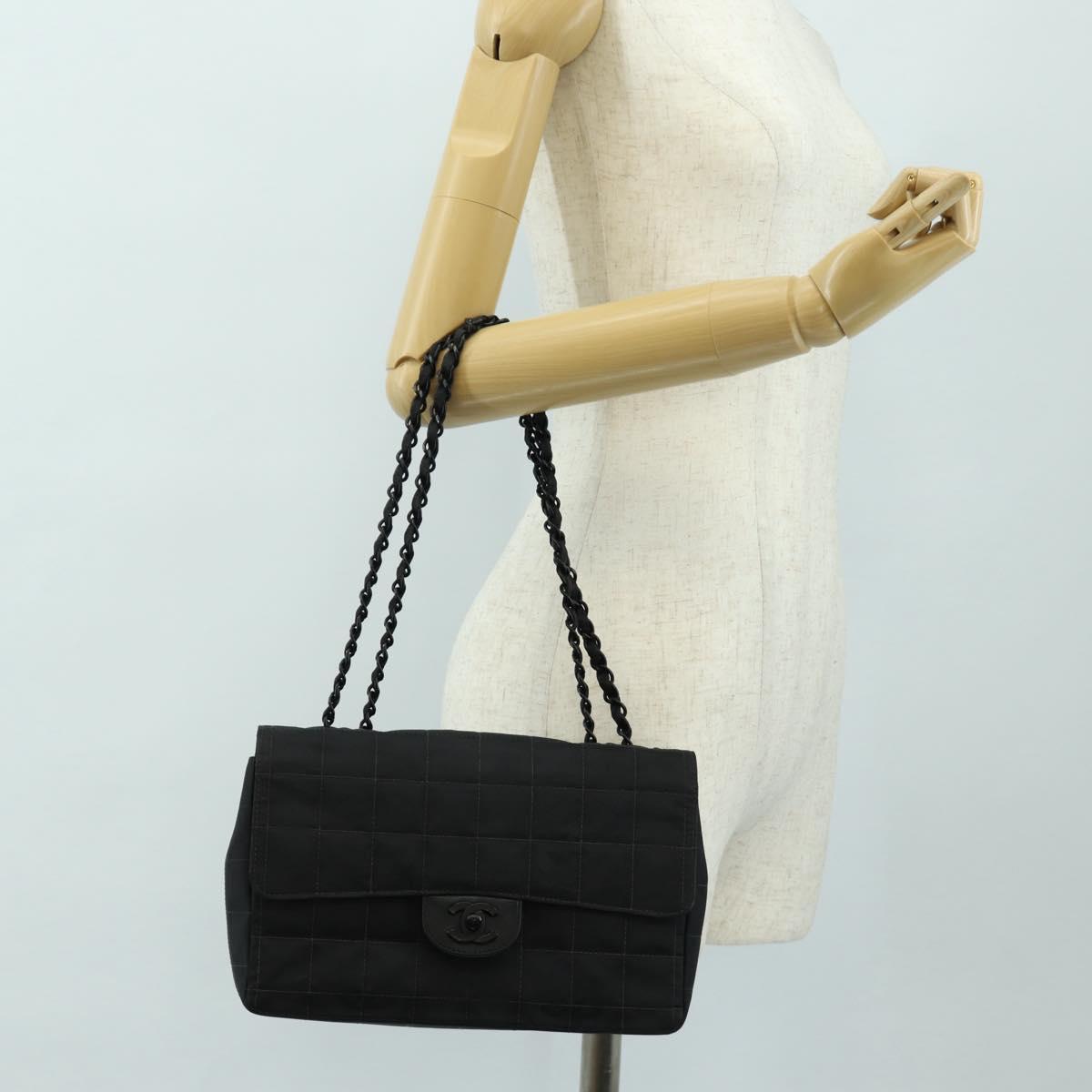 CHANEL Choco Bar Chain New Travel Line Bag Canvas Black CC Auth 187224SAV