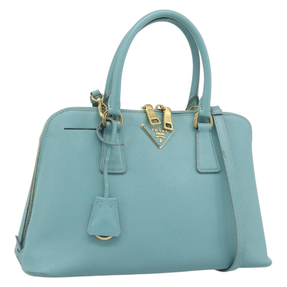 PRADA Hand Bag Safiano Leather 2way Turquoise Blue Gold Auth 187253V