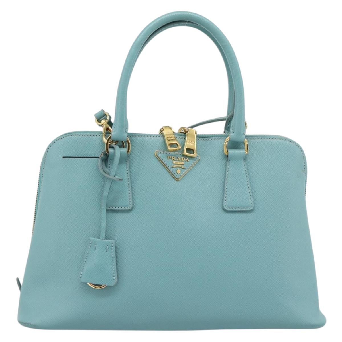 PRADA Hand Bag Safiano Leather 2way Turquoise Blue Gold Auth 187253V