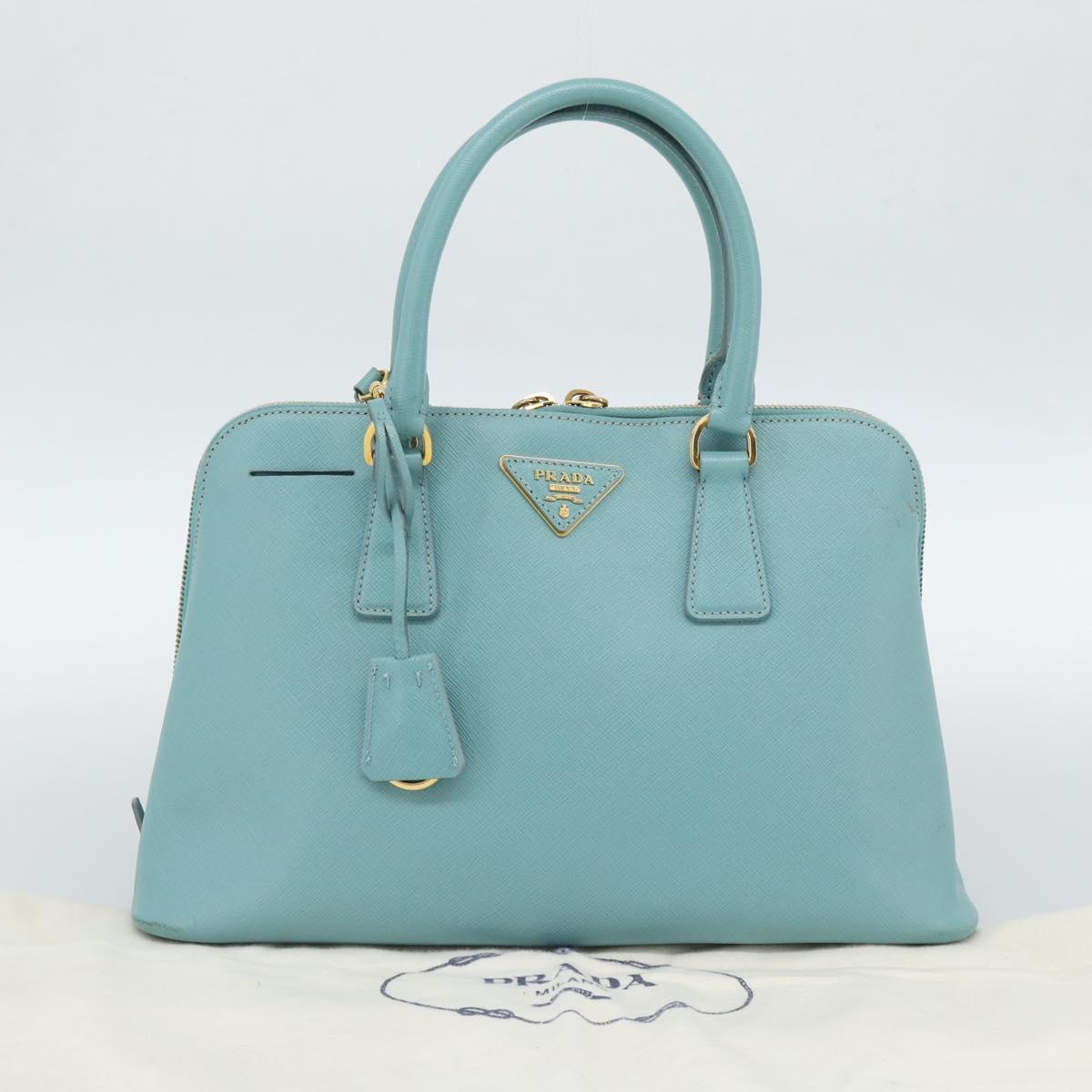 PRADA Hand Bag Safiano Leather 2way Turquoise Blue Gold Auth 187253V