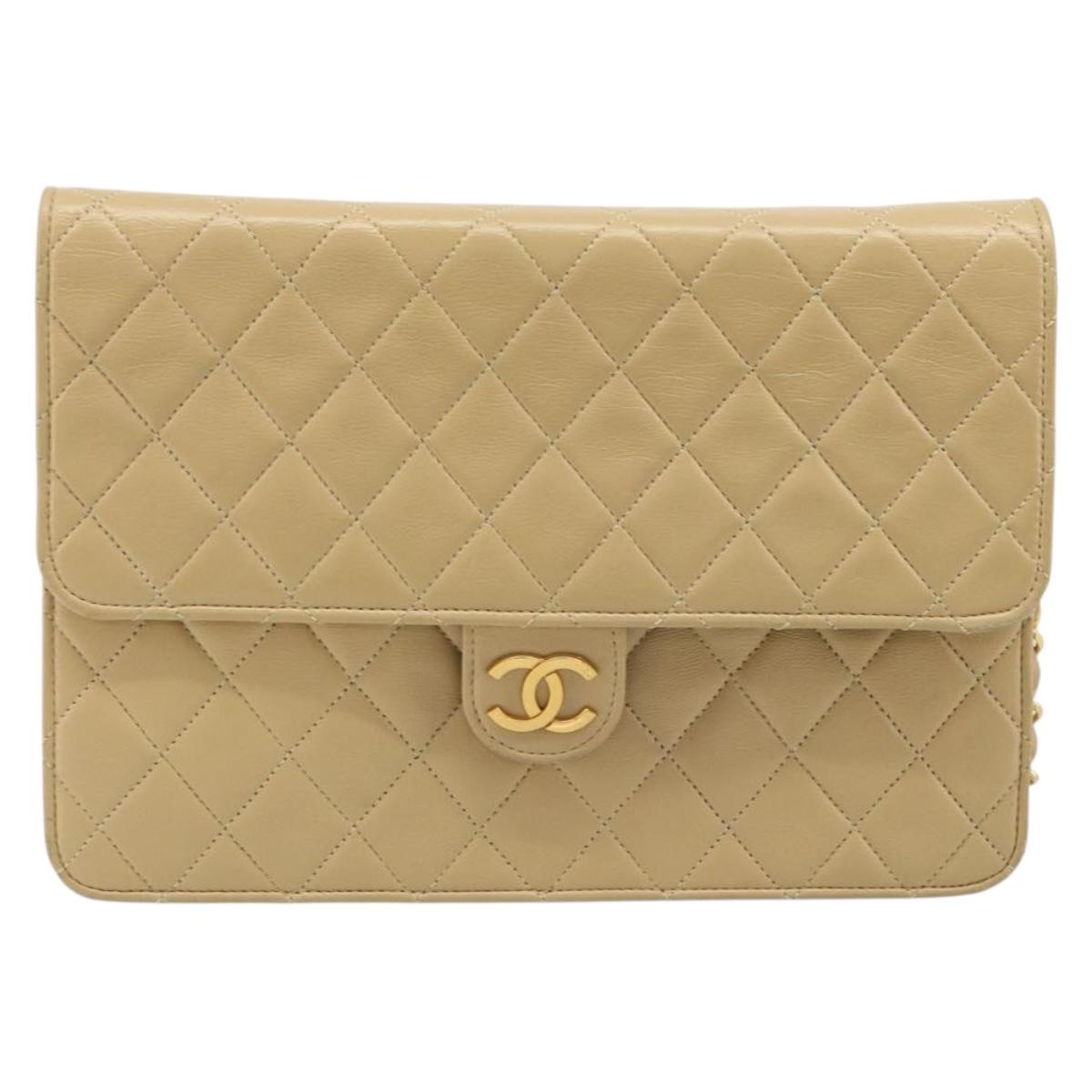 CHANEL Matelasse Chain Shoulder Bag Lamb Skin Beige Gold CC Auth 187257