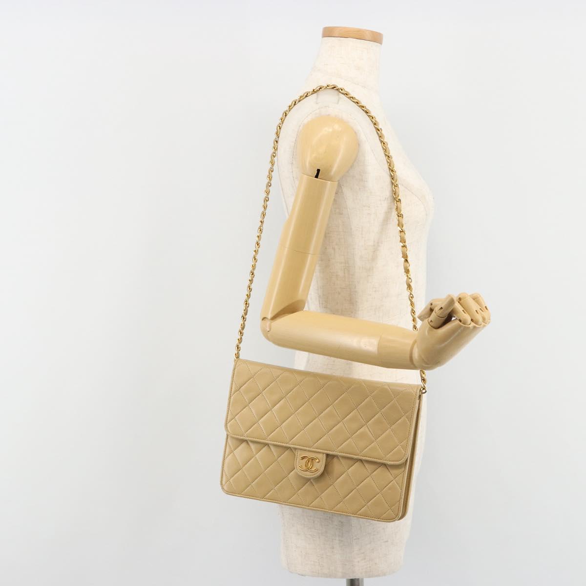 CHANEL Matelasse Chain Shoulder Bag Lamb Skin Beige Gold CC Auth 187257