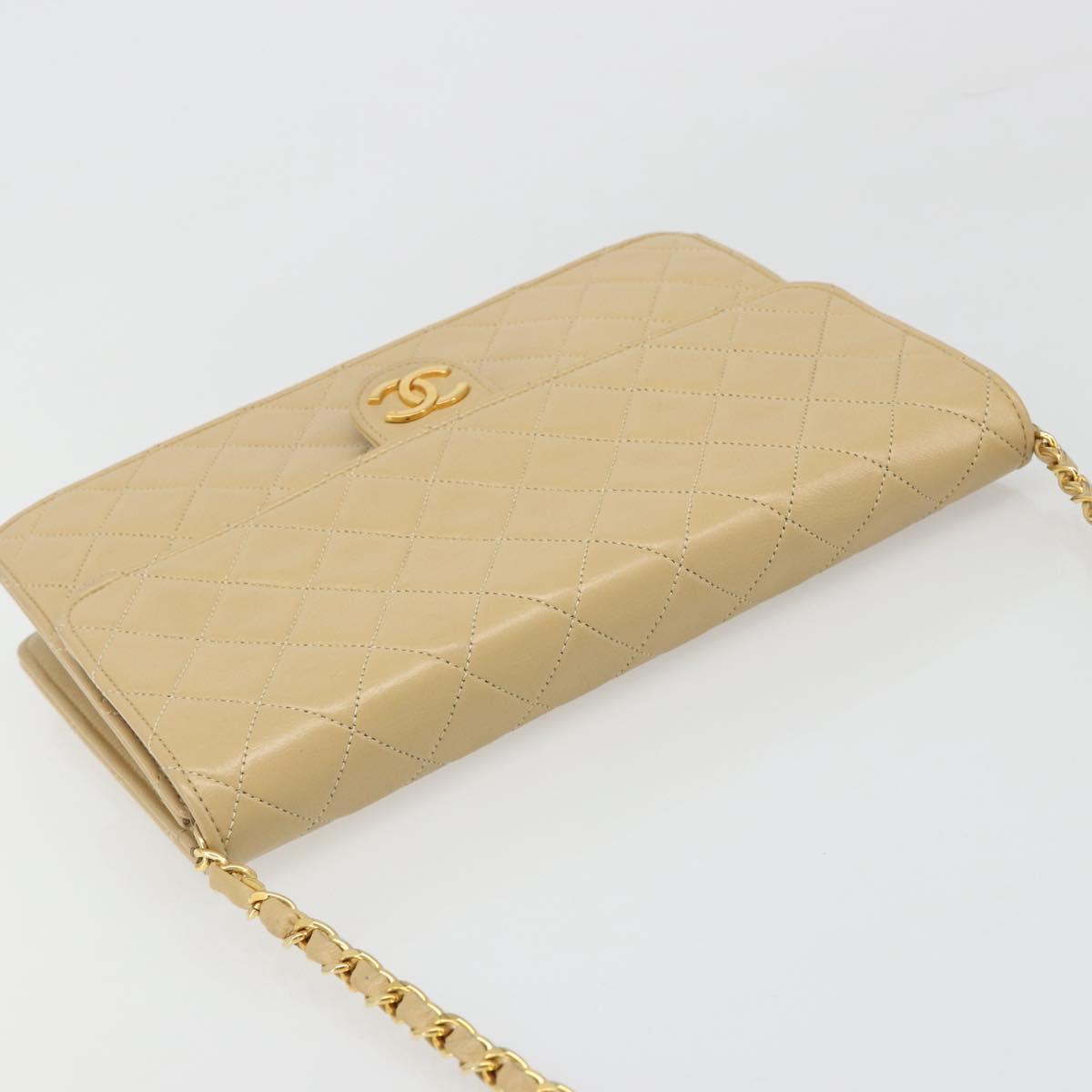 CHANEL Matelasse Chain Shoulder Bag Lamb Skin Beige Gold CC Auth 187257
