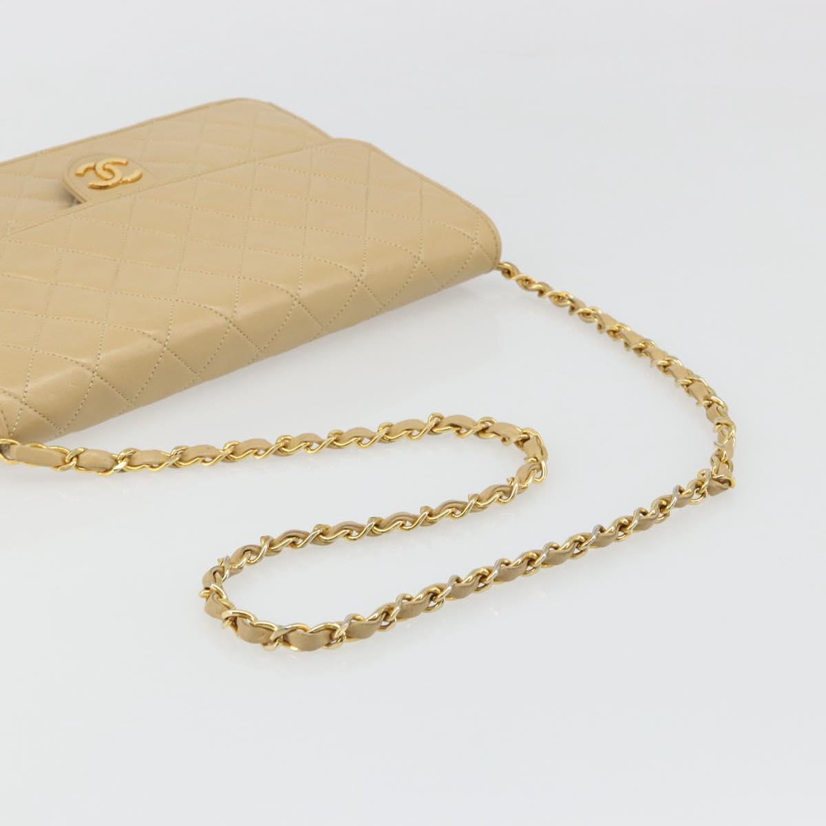 CHANEL Matelasse Chain Shoulder Bag Lamb Skin Beige Gold CC Auth 187257
