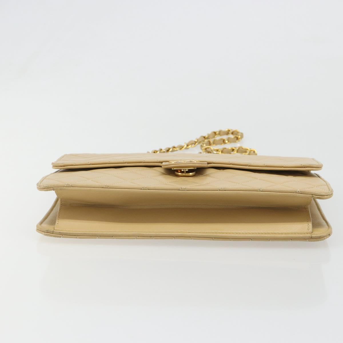 CHANEL Matelasse Chain Shoulder Bag Lamb Skin Beige Gold CC Auth 187257