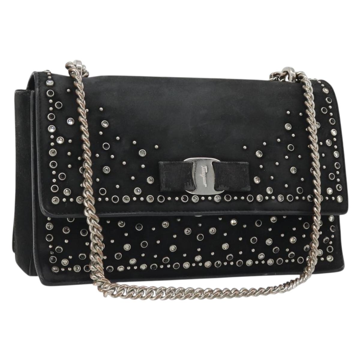 Salvatore Ferragamo Vala Chain Shoulder Bag Suede Black Silver Auth 187258A