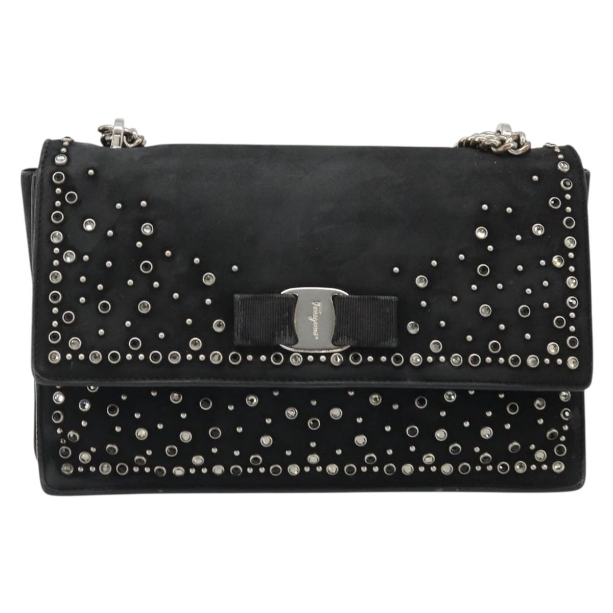 Salvatore Ferragamo Vala Chain Shoulder Bag Suede Black Silver Auth 187258A