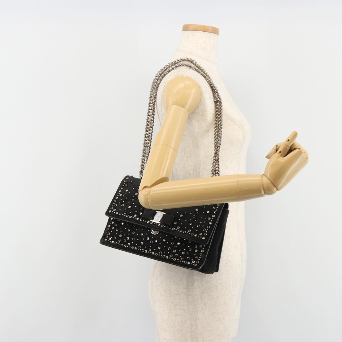 Salvatore Ferragamo Vala Chain Shoulder Bag Suede Black Silver Auth 187258A