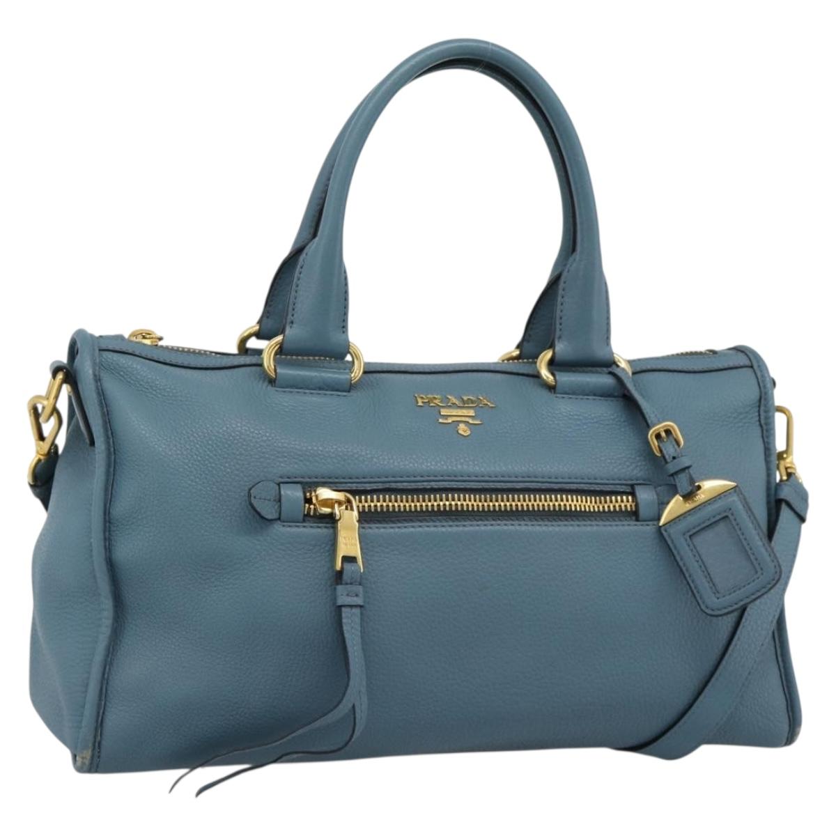 PRADA Hand Bag Vittero Dino Leather 2way Blue Gold Auth 187263V