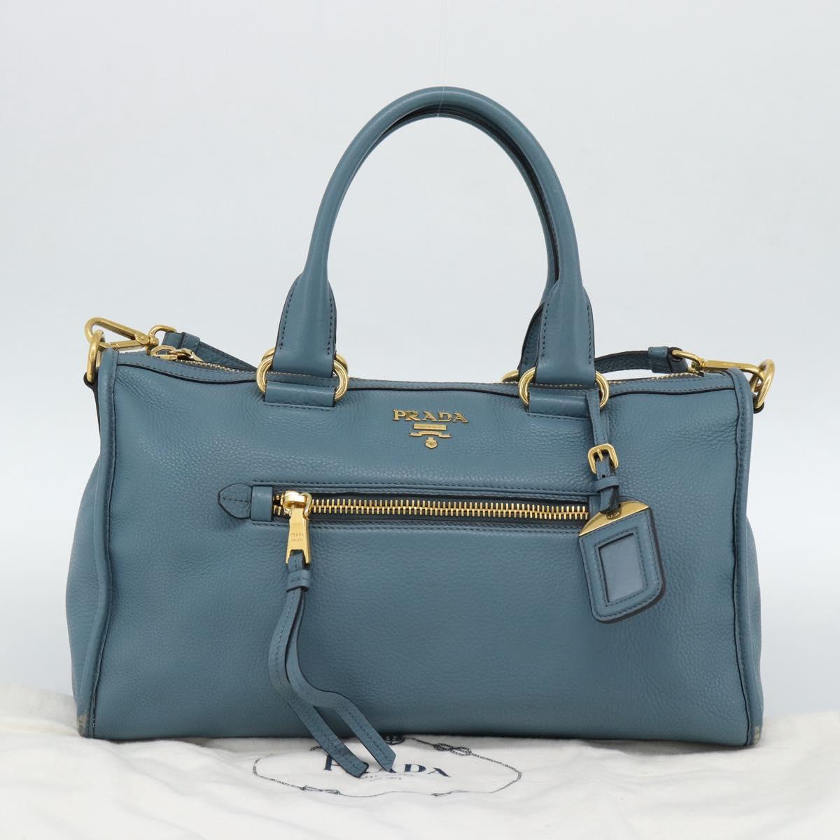 PRADA Hand Bag Vittero Dino Leather 2way Blue Gold Auth 187263V