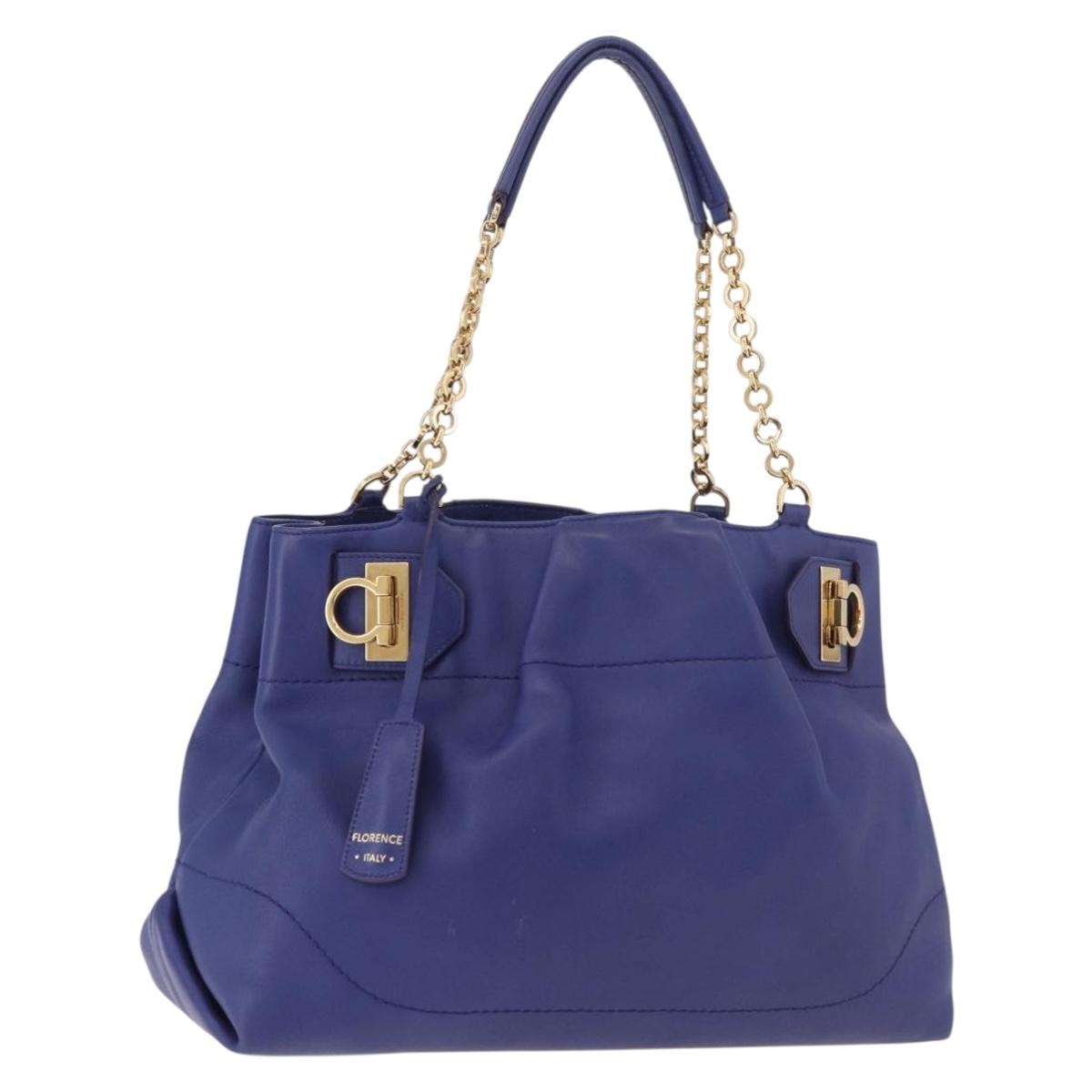 Salvatore Ferragamo Gancini Chain Shoulder Tote Bag Leather Blue Auth 187269V