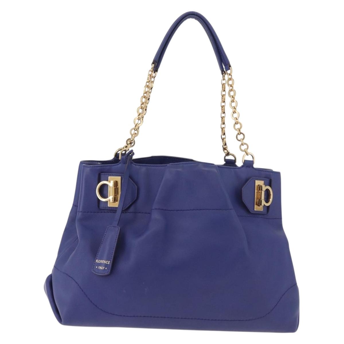 Salvatore Ferragamo Gancini Chain Shoulder Tote Bag Leather Blue Auth 187269V