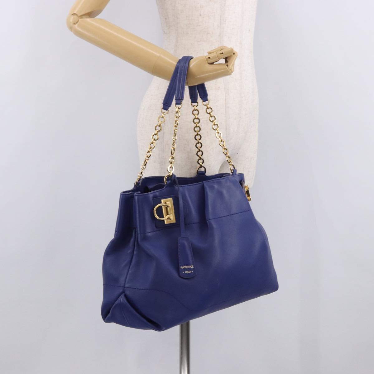 Salvatore Ferragamo Gancini Chain Shoulder Tote Bag Leather Blue Auth 187269V