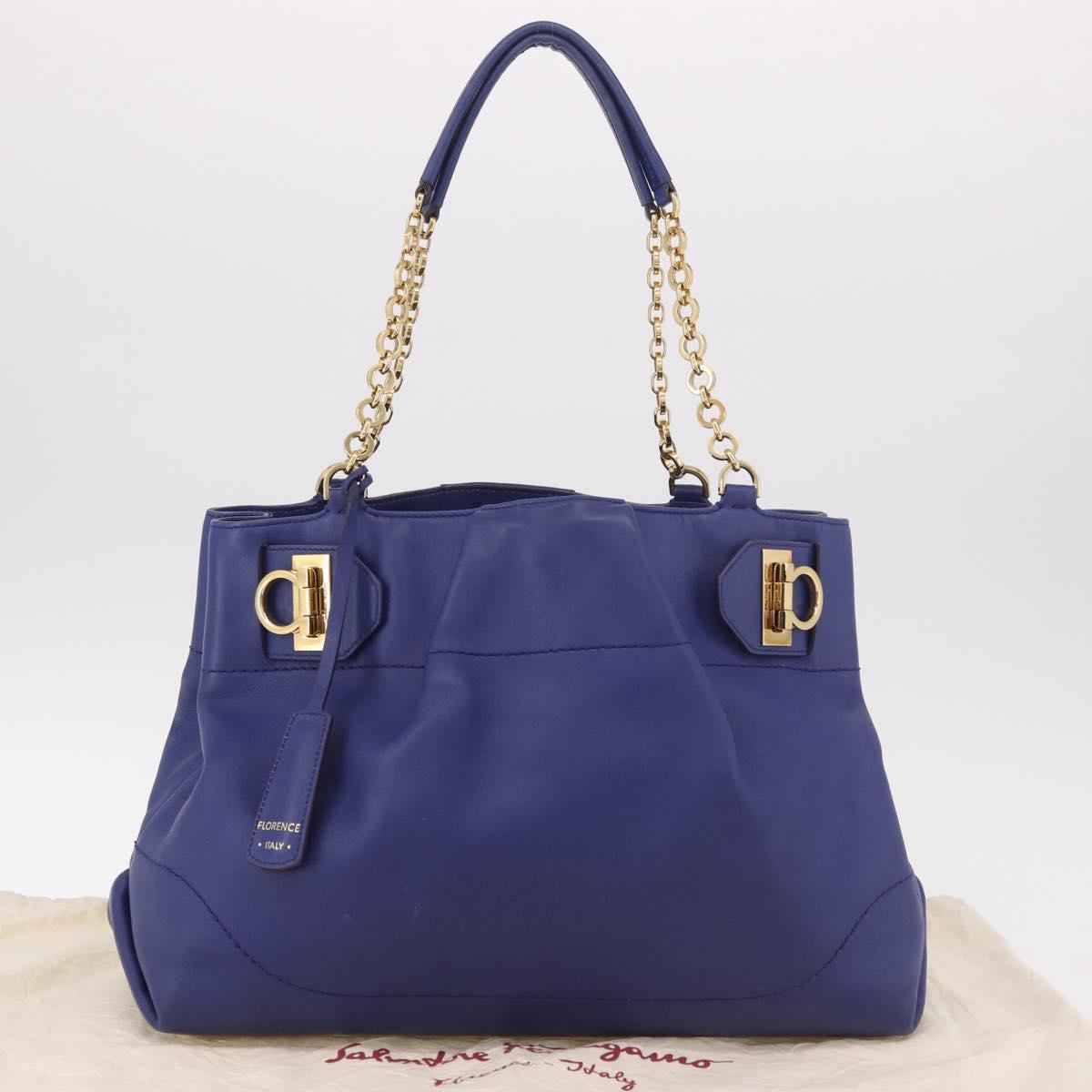 Salvatore Ferragamo Gancini Chain Shoulder Tote Bag Leather Blue Auth 187269V