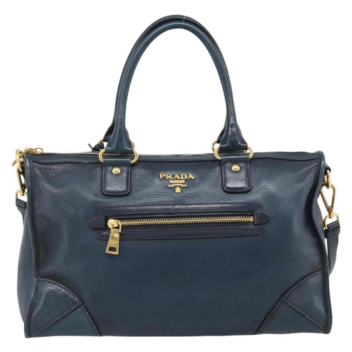 PRADA Hand Bag Leather 2way Blue Gold Auth 187288V