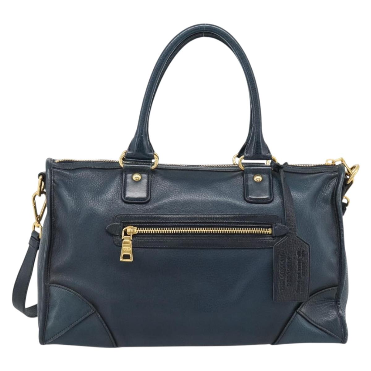 PRADA Hand Bag Leather 2way Blue Gold Auth 187288V