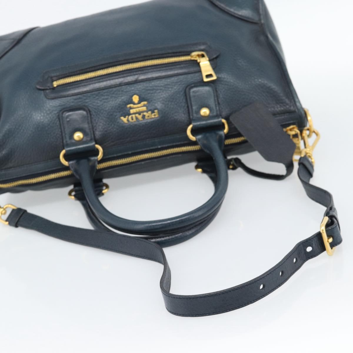 PRADA Hand Bag Leather 2way Blue Gold Auth 187288V