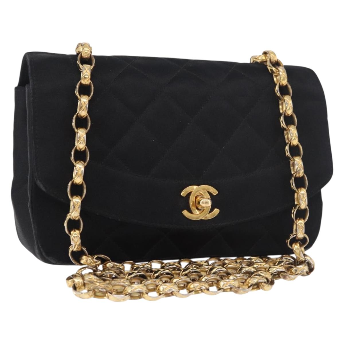 CHANEL Matelasse Chain Shoulder Bag Satin Black Gold CC Auth 187299V