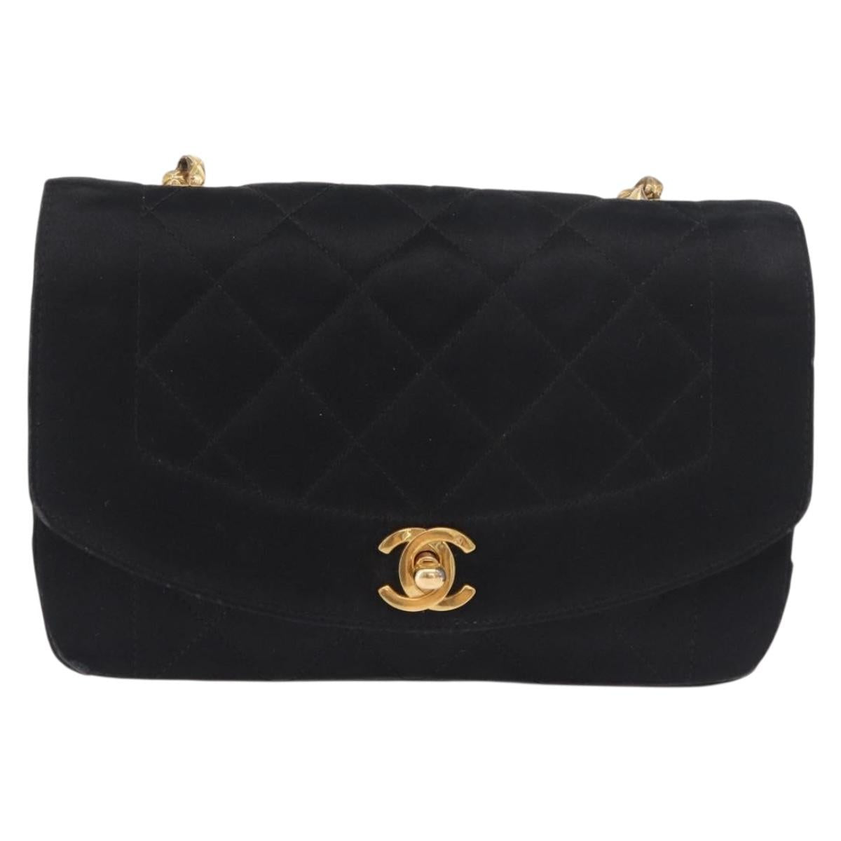 CHANEL Matelasse Chain Shoulder Bag Satin Black Gold CC Auth 187299V