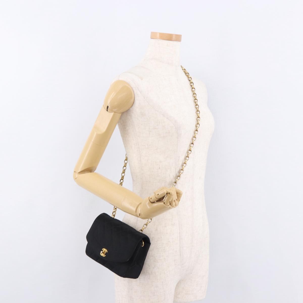 CHANEL Matelasse Chain Shoulder Bag Satin Black Gold CC Auth 187299V