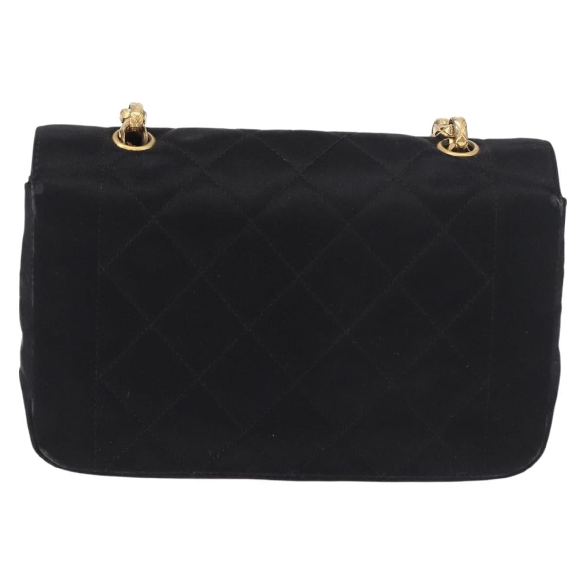 CHANEL Matelasse Chain Shoulder Bag Satin Black Gold CC Auth 187299V