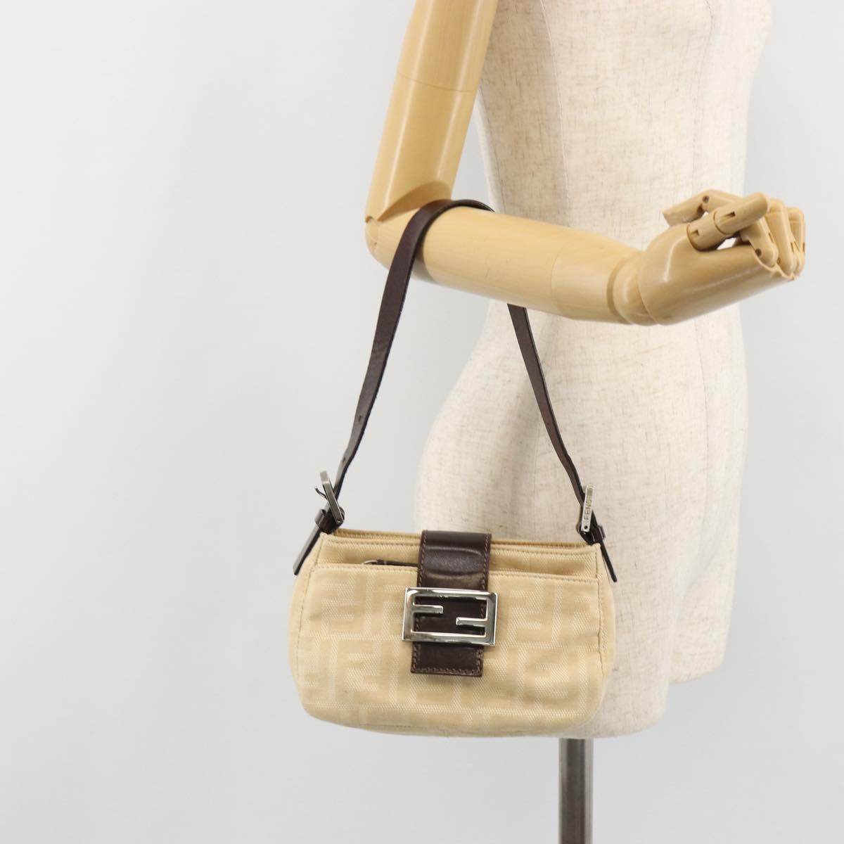 FENDI Zucca Canvas Mamma Baguette Shoulder Bag Beige Silver Auth 187318A