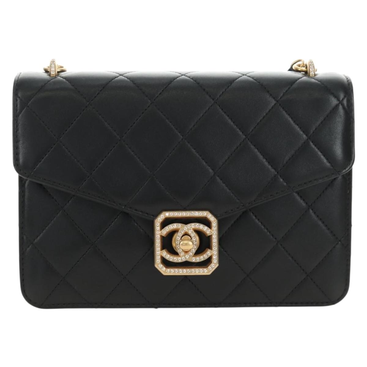 CHANEL Matelasse Chain Shoulder Bag Lamb Skin Black Gold CC Auth 187319SM