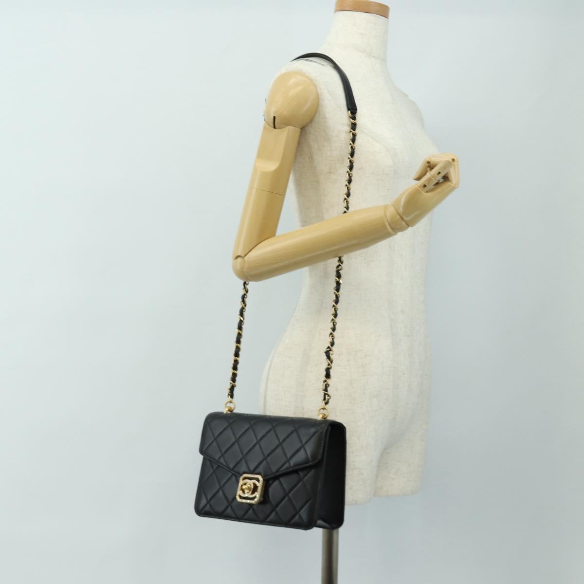 CHANEL Matelasse Chain Shoulder Bag Lamb Skin Black Gold CC Auth 187319SM