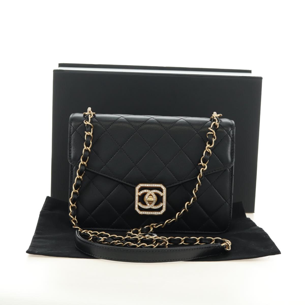 CHANEL Matelasse Chain Shoulder Bag Lamb Skin Black Gold CC Auth 187319SM
