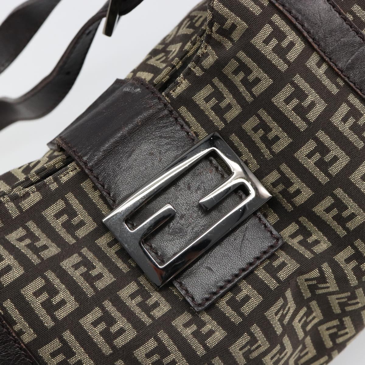 FENDI Zucchino Canvas Hand Bag Silver Brown Auth 187339A
