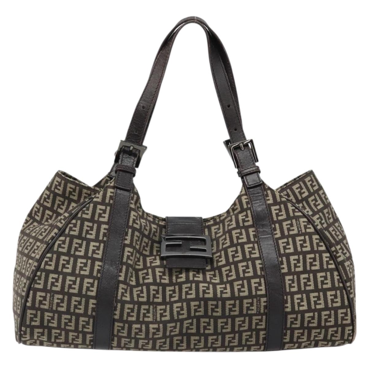 FENDI Zucchino Canvas Hand Bag Silver Brown Auth 187339A