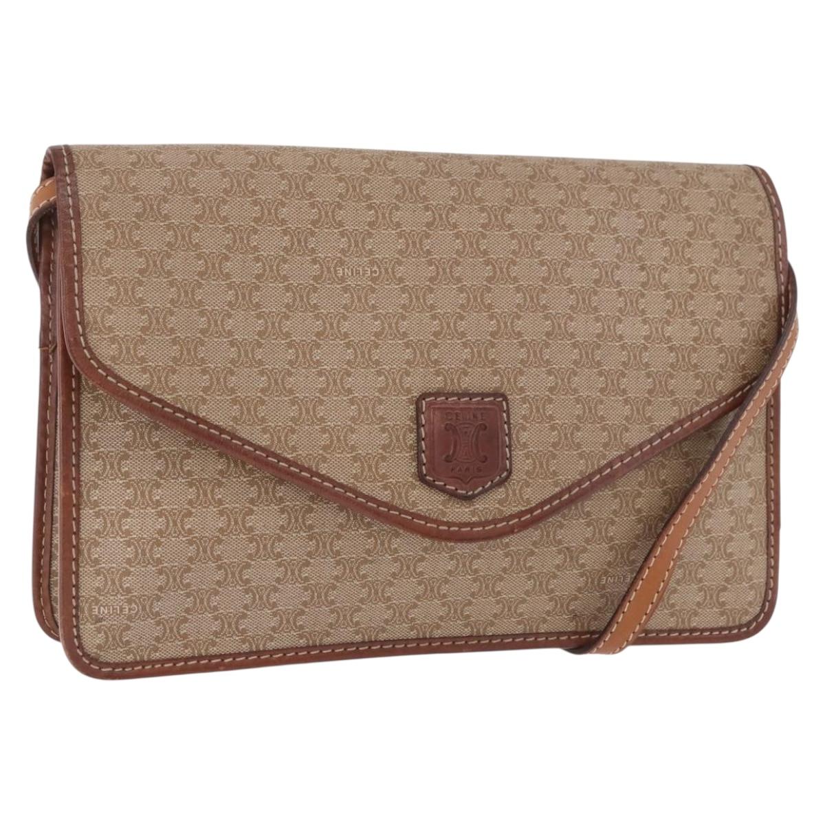 CELINE Macadam Canvas Shoulder Bag PVC Leather Beige Gold Auth 187364