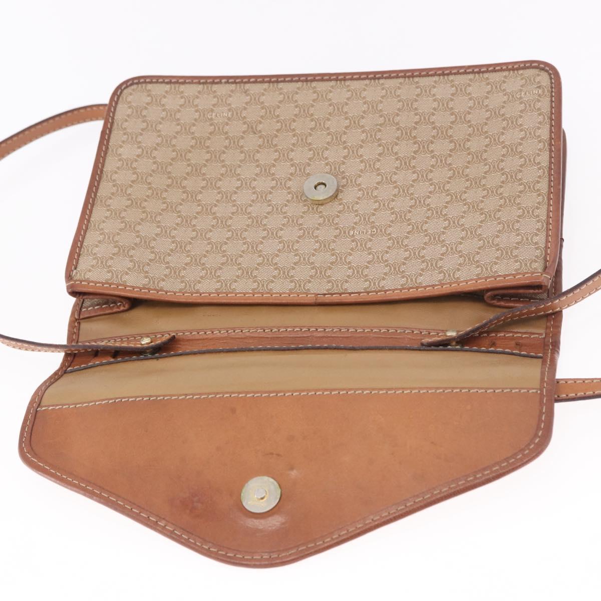 CELINE Macadam Canvas Shoulder Bag PVC Leather Beige Gold Auth 187364