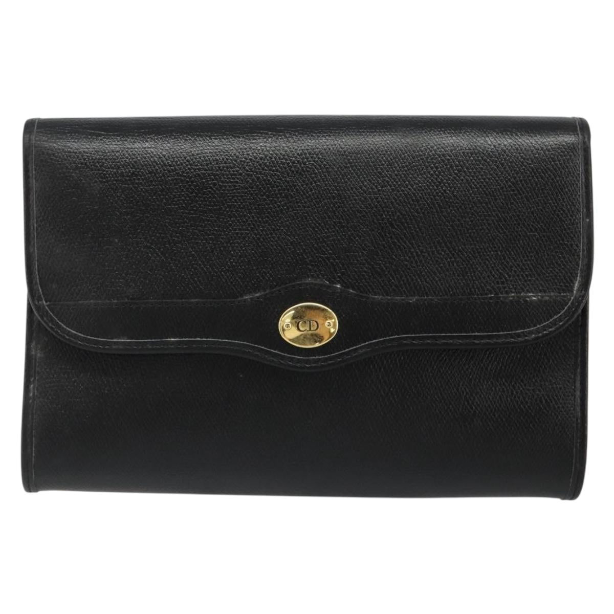 Christian Dior Chain Shoulder Bag Leather Black Gold Auth 187366