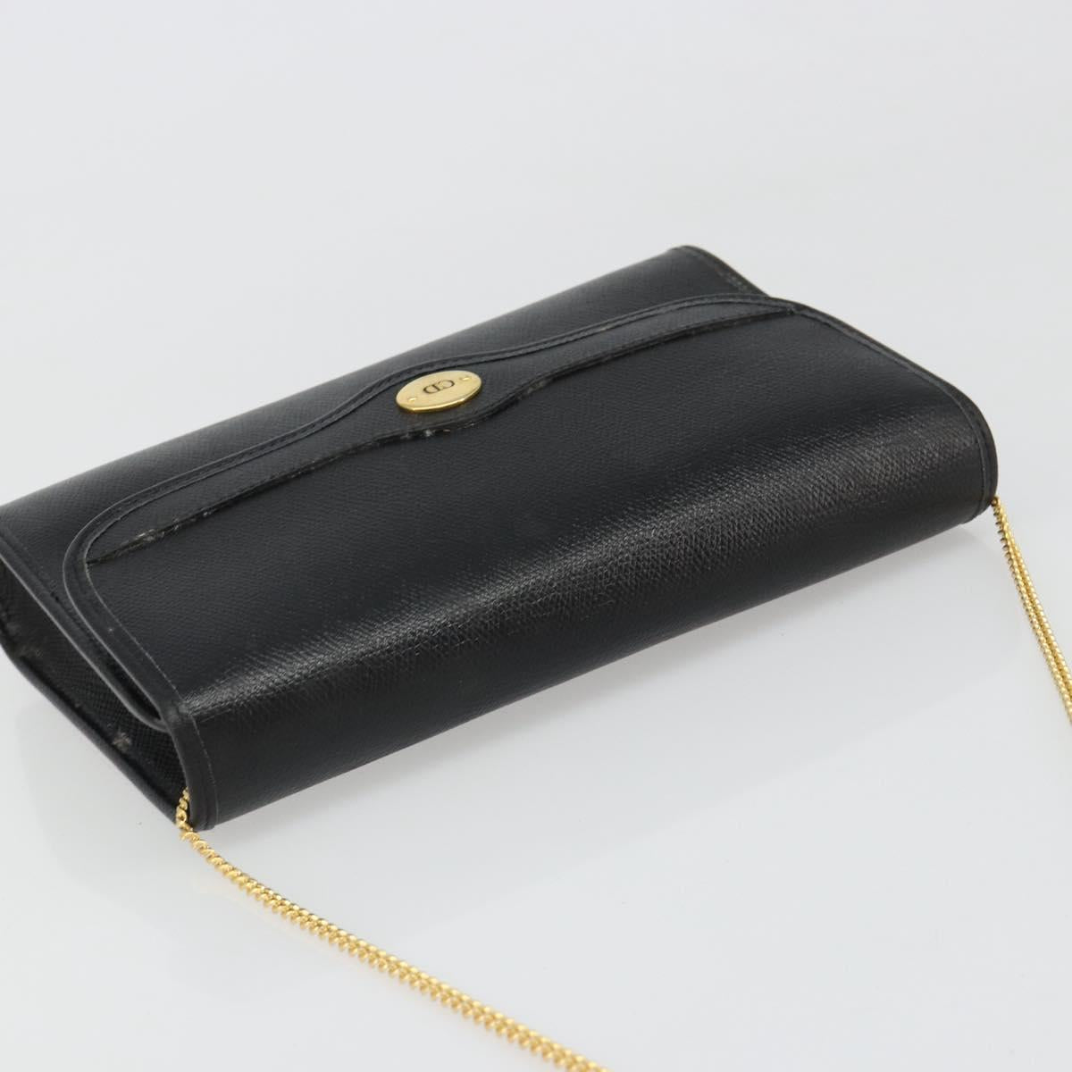 Christian Dior Chain Shoulder Bag Leather Black Gold Auth 187366