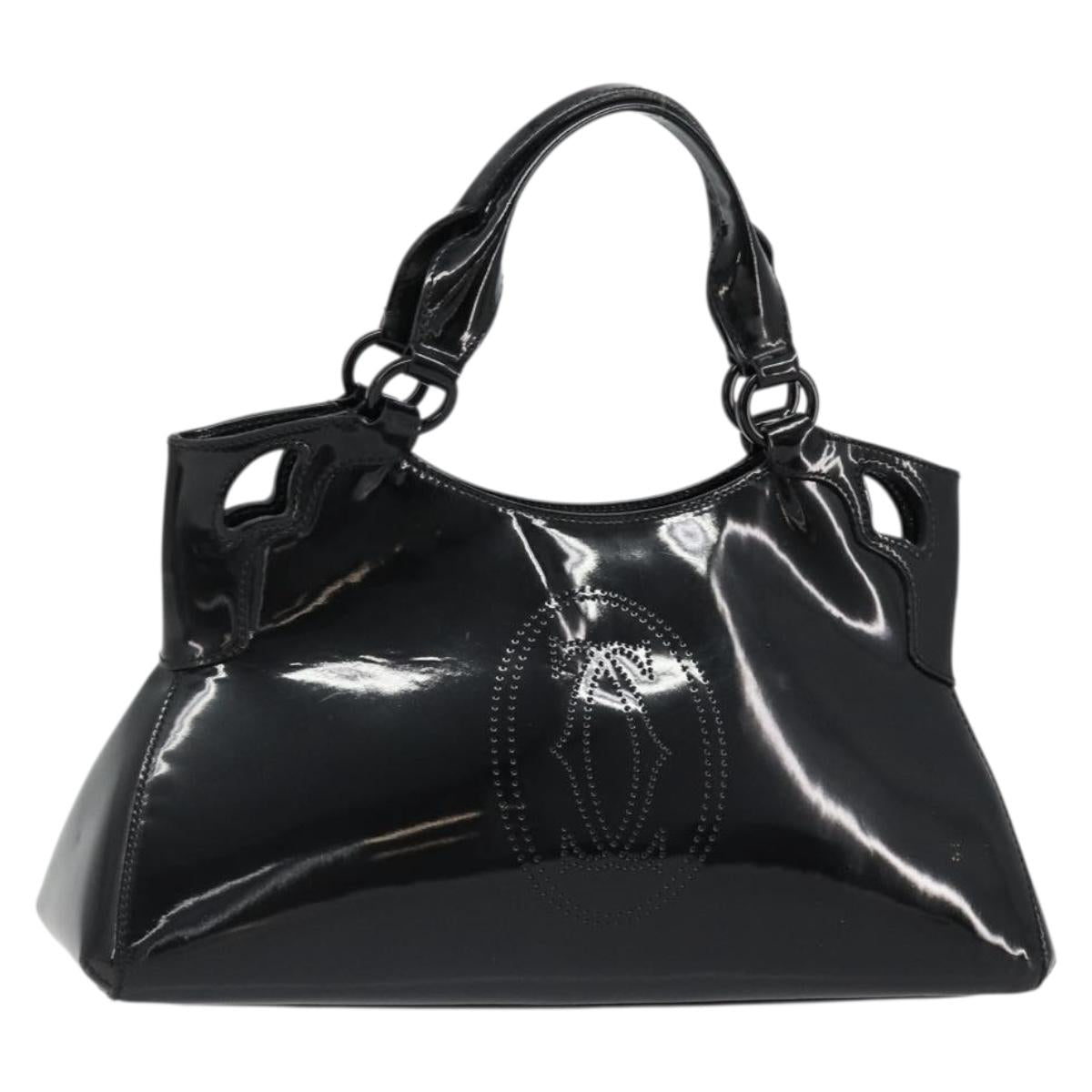 CARTIER Marcello Hand Bag Patent Leather Black Silver Auth 187367A