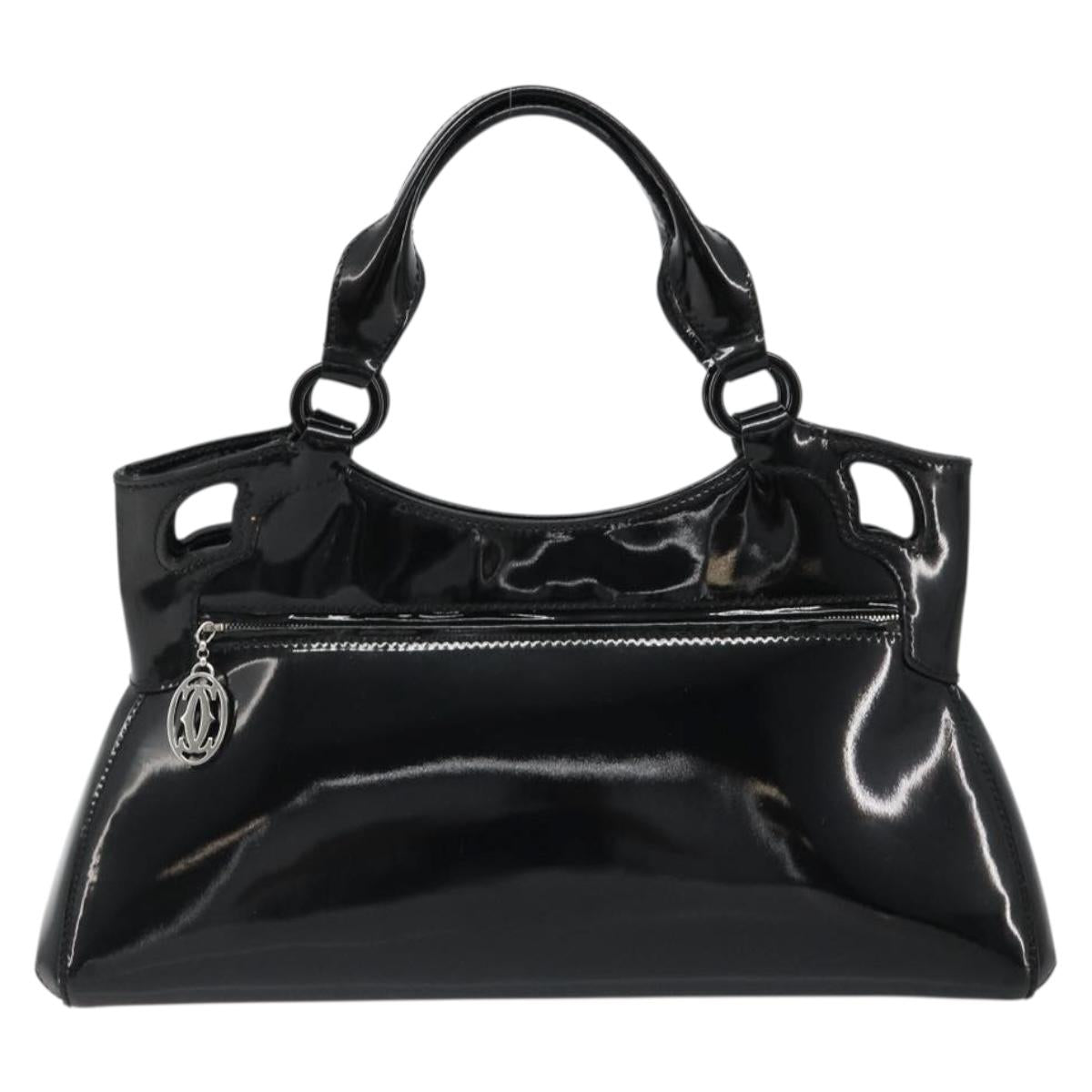 CARTIER Marcello Hand Bag Patent Leather Black Silver Auth 187367A