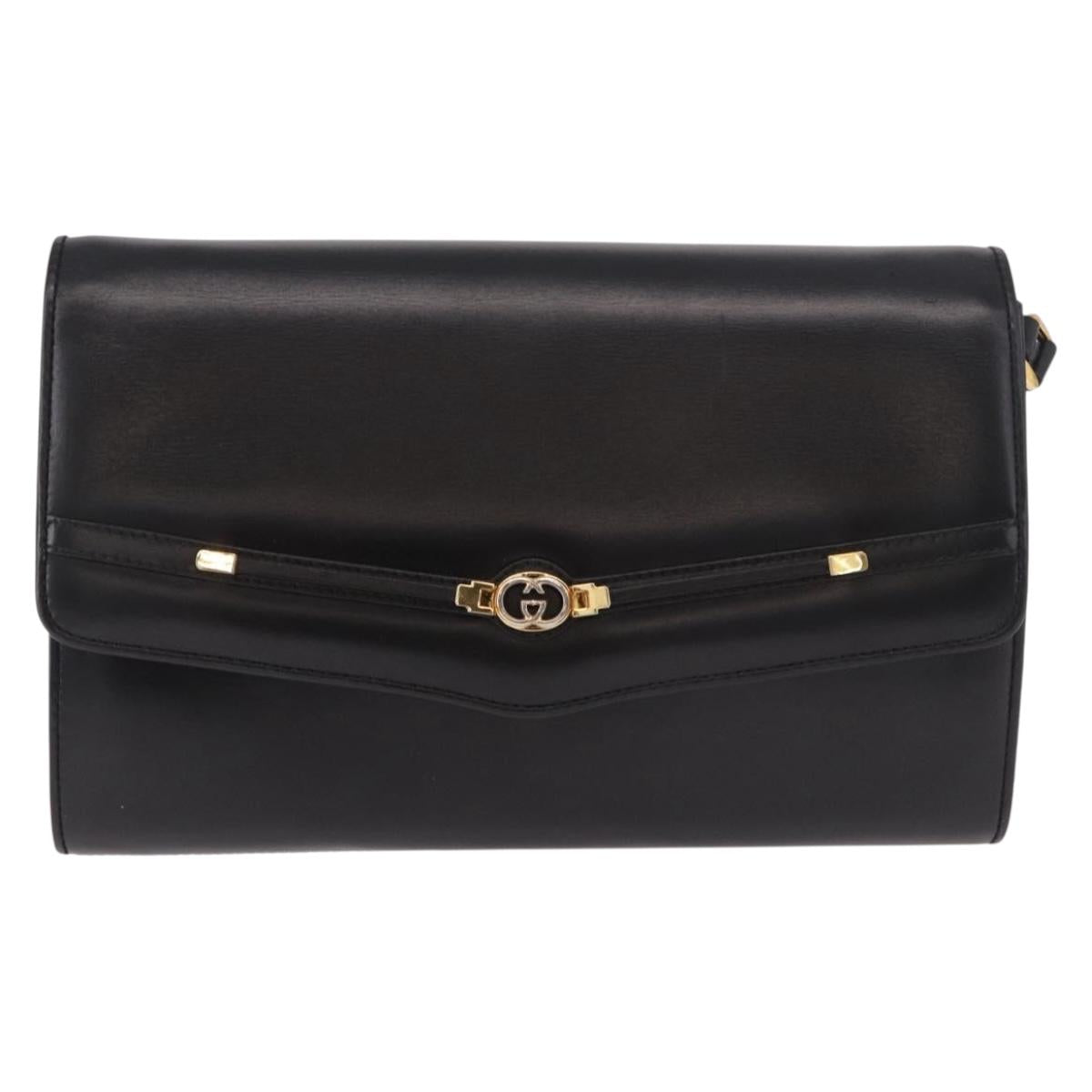 GUCCI Shoulder Bag Leather Black Gold Auth 187368