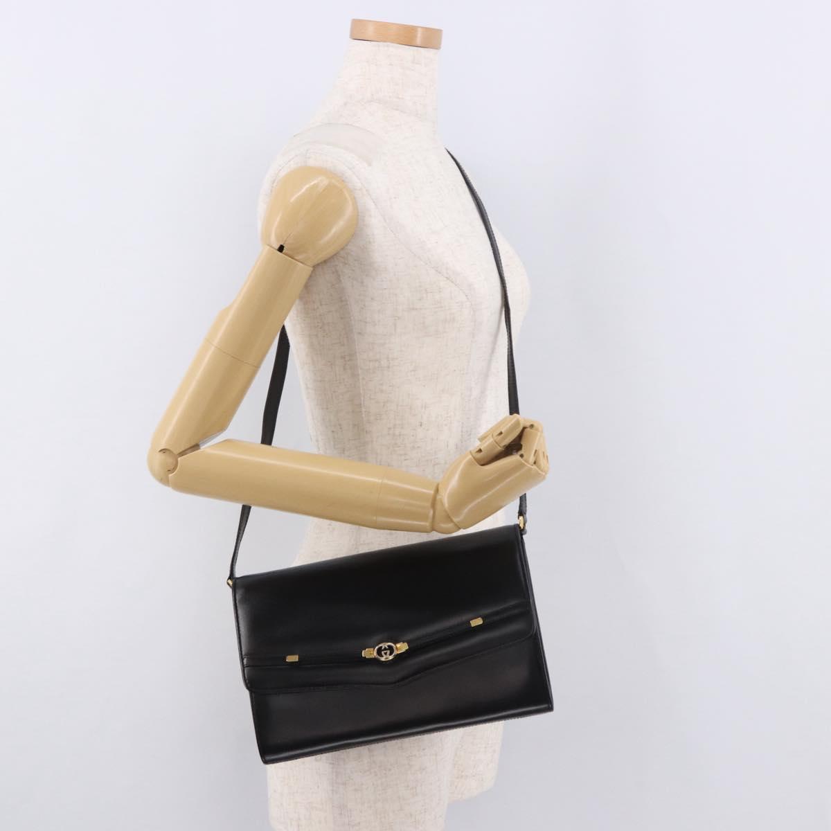 GUCCI Shoulder Bag Leather Black Gold Auth 187368