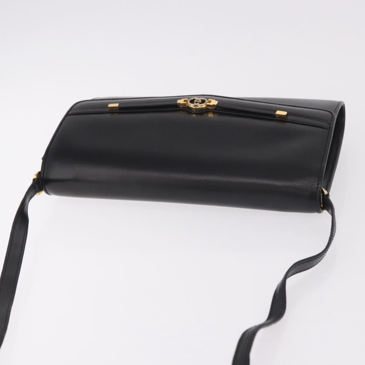 GUCCI Shoulder Bag Leather Black Gold Auth 187368