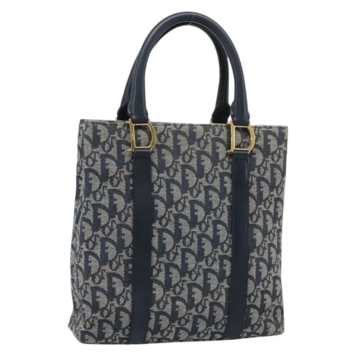 Christian Dior Trotter Canvas Hand Bag Navy Gold Auth 187370