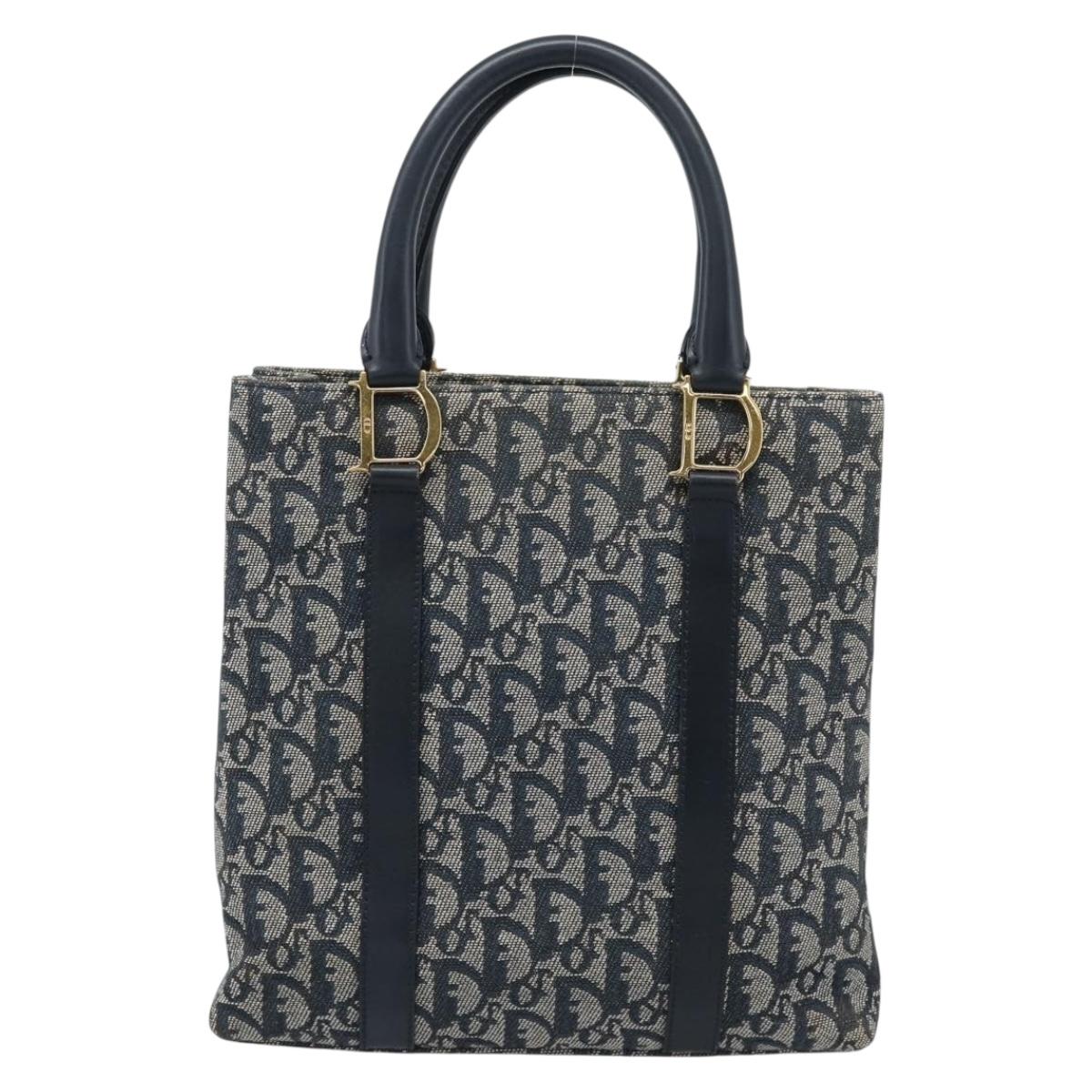 Christian Dior Trotter Canvas Hand Bag Navy Gold Auth 187370