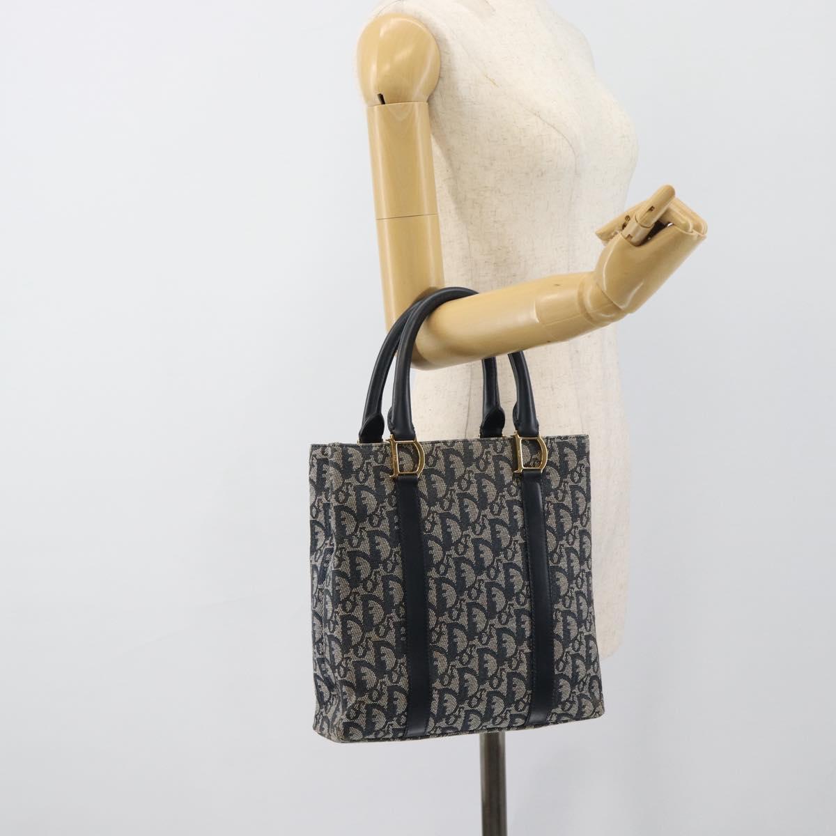 Christian Dior Trotter Canvas Hand Bag Navy Gold Auth 187370