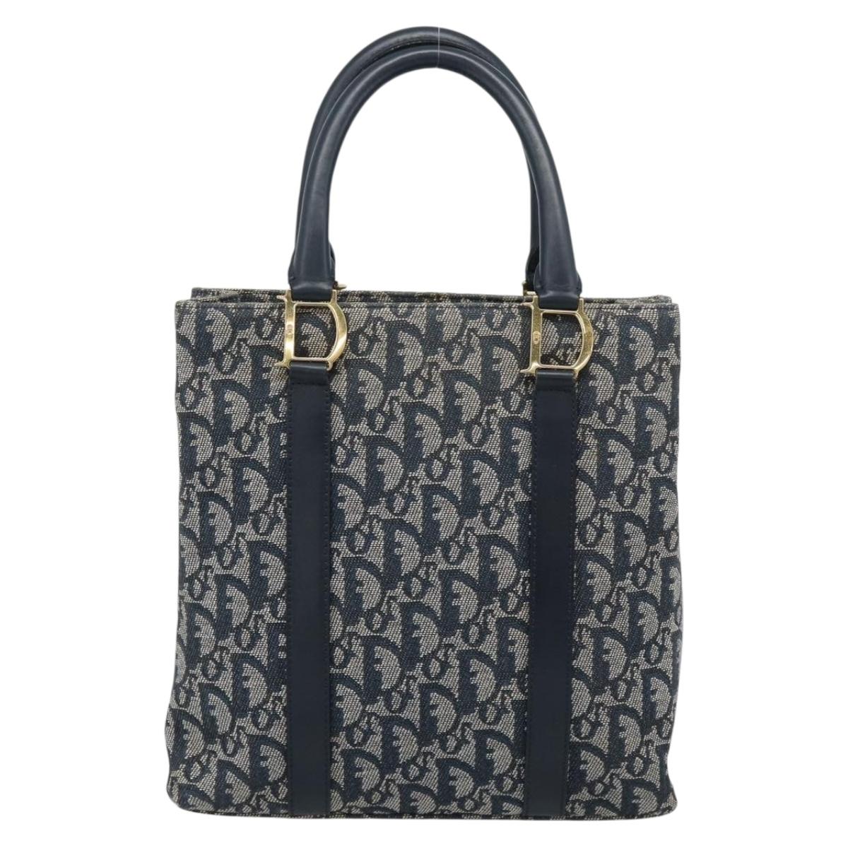 Christian Dior Trotter Canvas Hand Bag Navy Gold Auth 187370