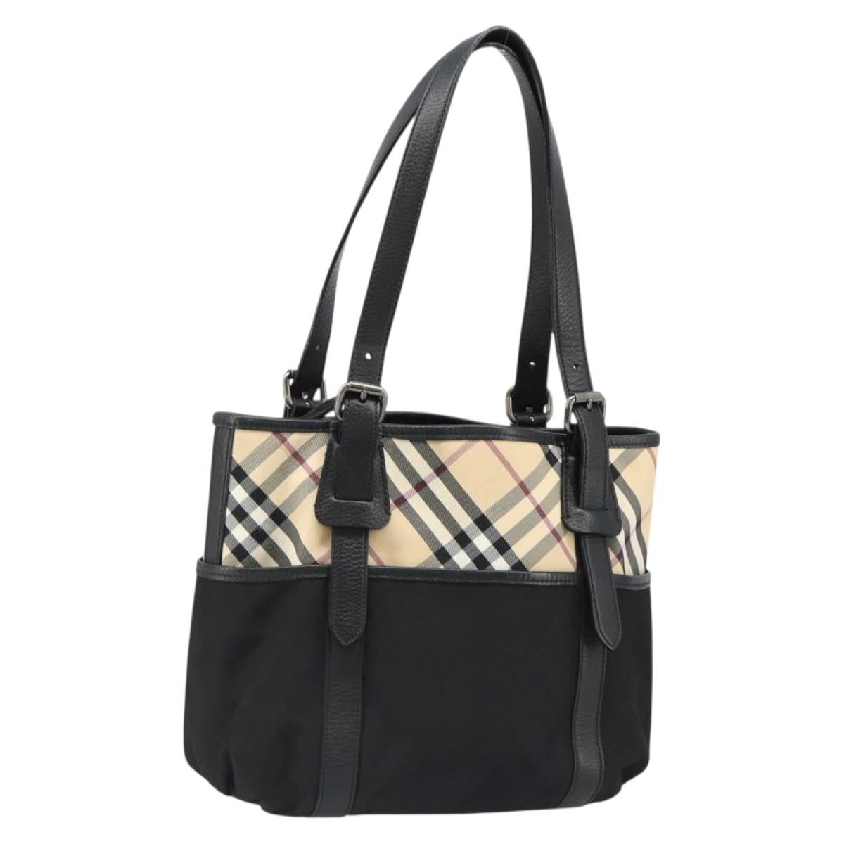 BURBERRY Nova Check Hand Bag Nylon Beige Black Silver Auth 187375A