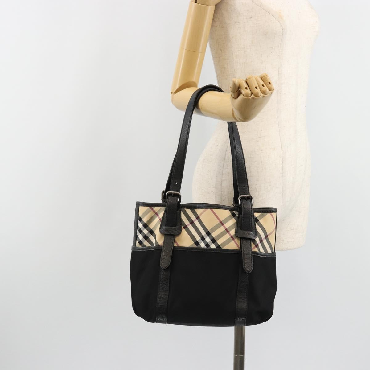 BURBERRY Nova Check Hand Bag Nylon Beige Black Silver Auth 187375A