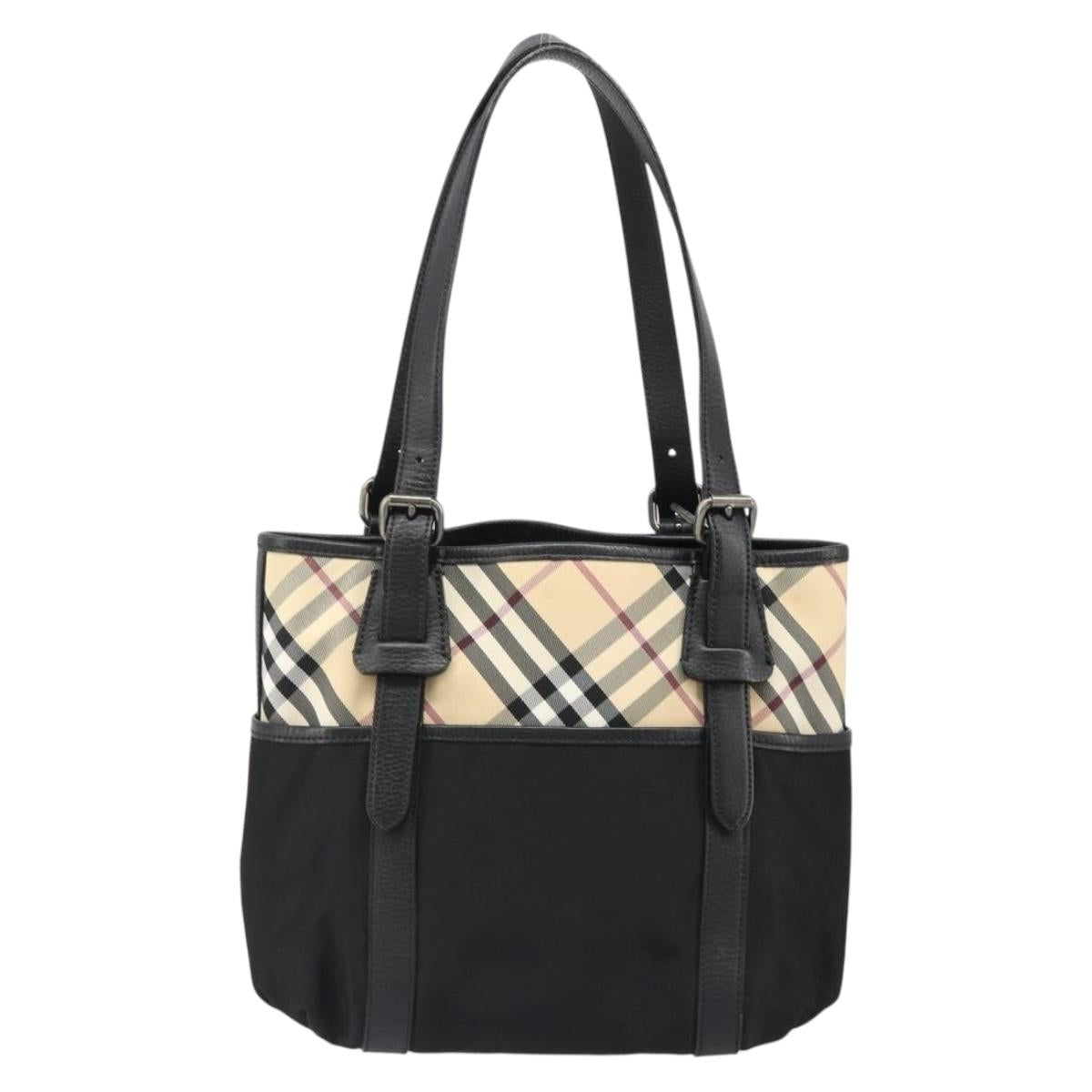 BURBERRY Nova Check Hand Bag Nylon Beige Black Silver Auth 187375A