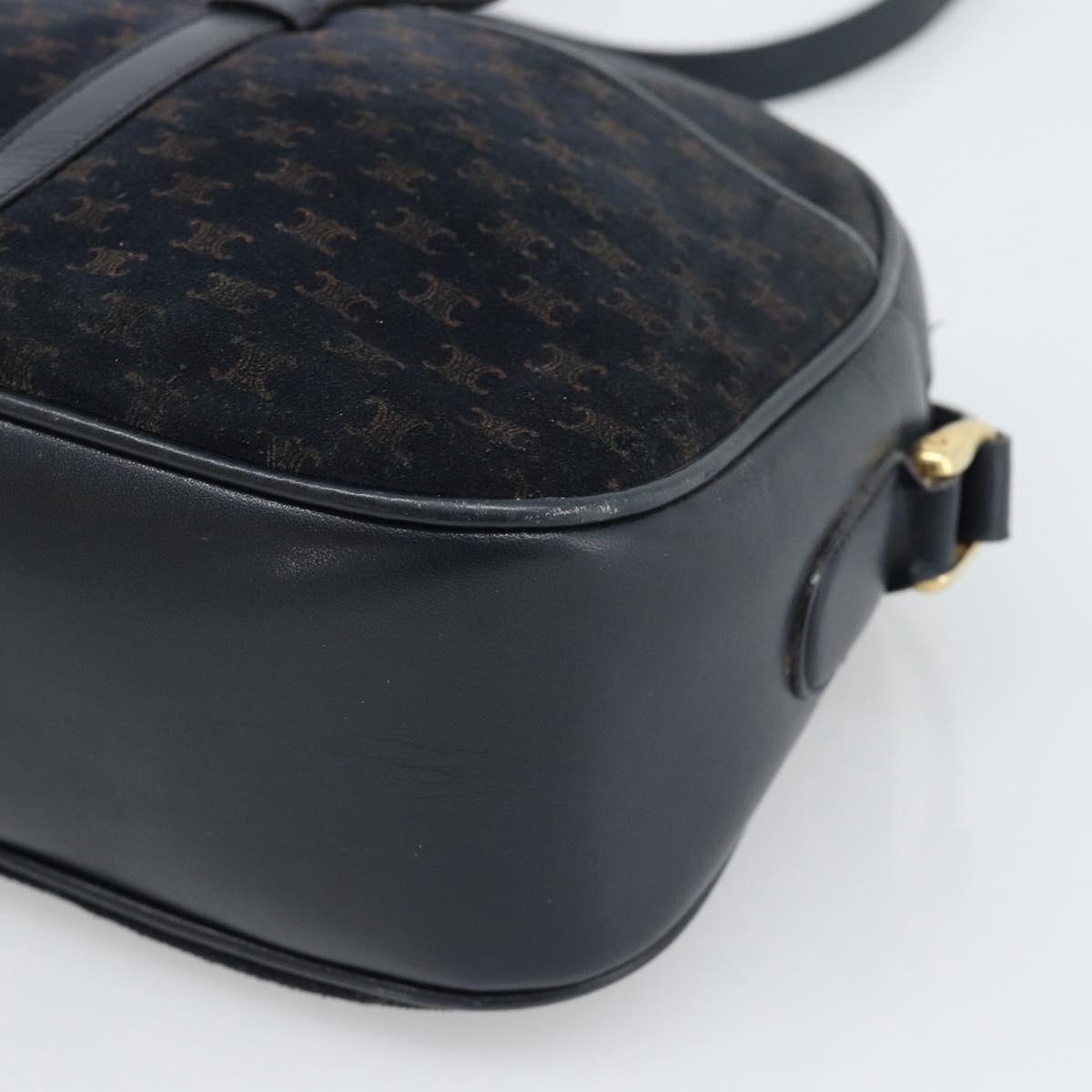 CELINE Macadam Canvas Shoulder Bag Suede Leather Navy Gold Auth 187378