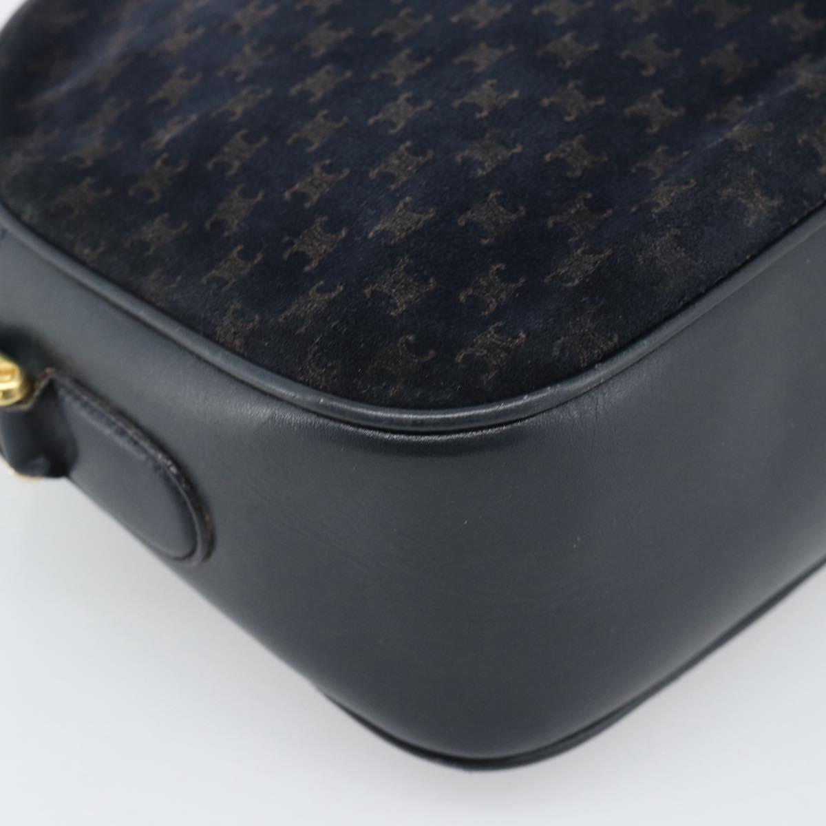 CELINE Macadam Canvas Shoulder Bag Suede Leather Navy Gold Auth 187378