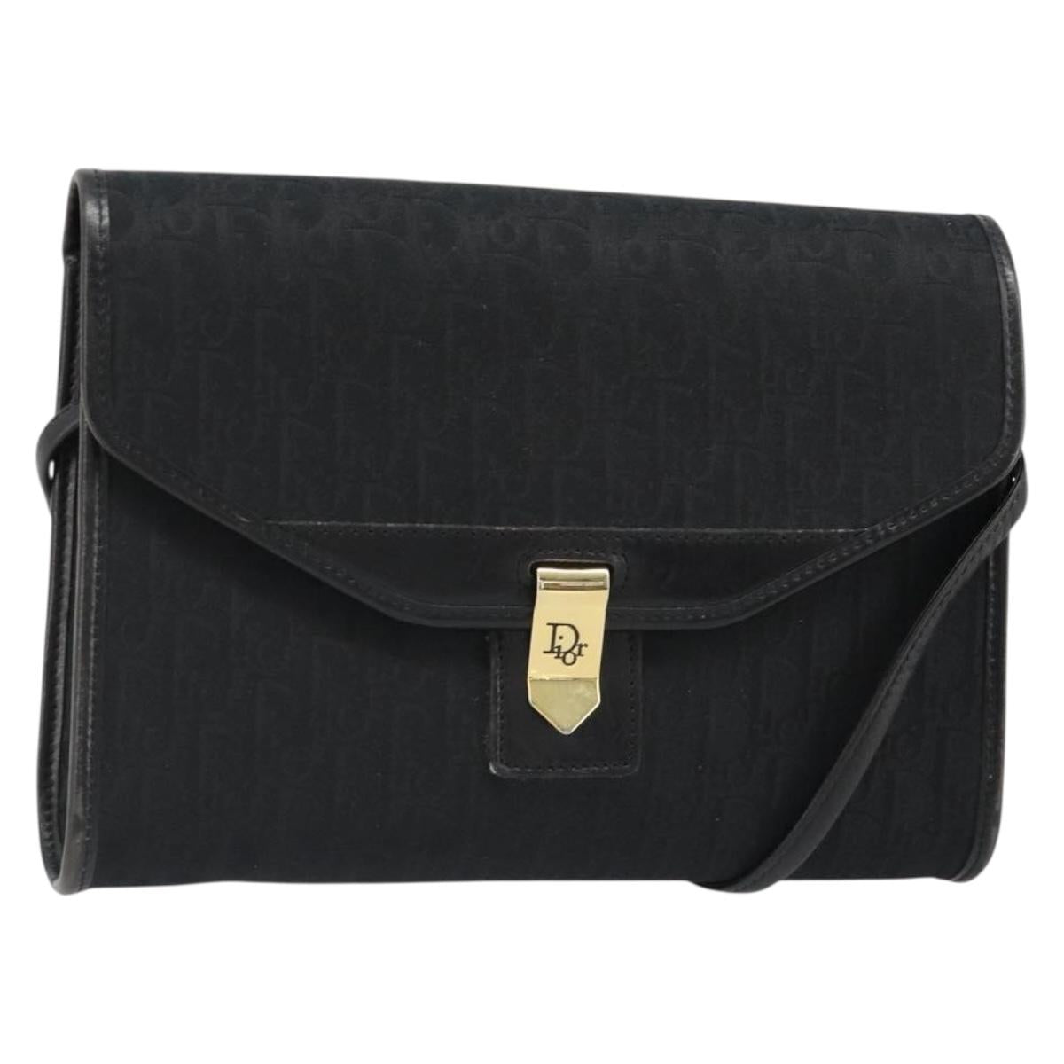 Christian Dior Trotter Canvas Shoulder Bag Vintage Black Gold Auth 187384